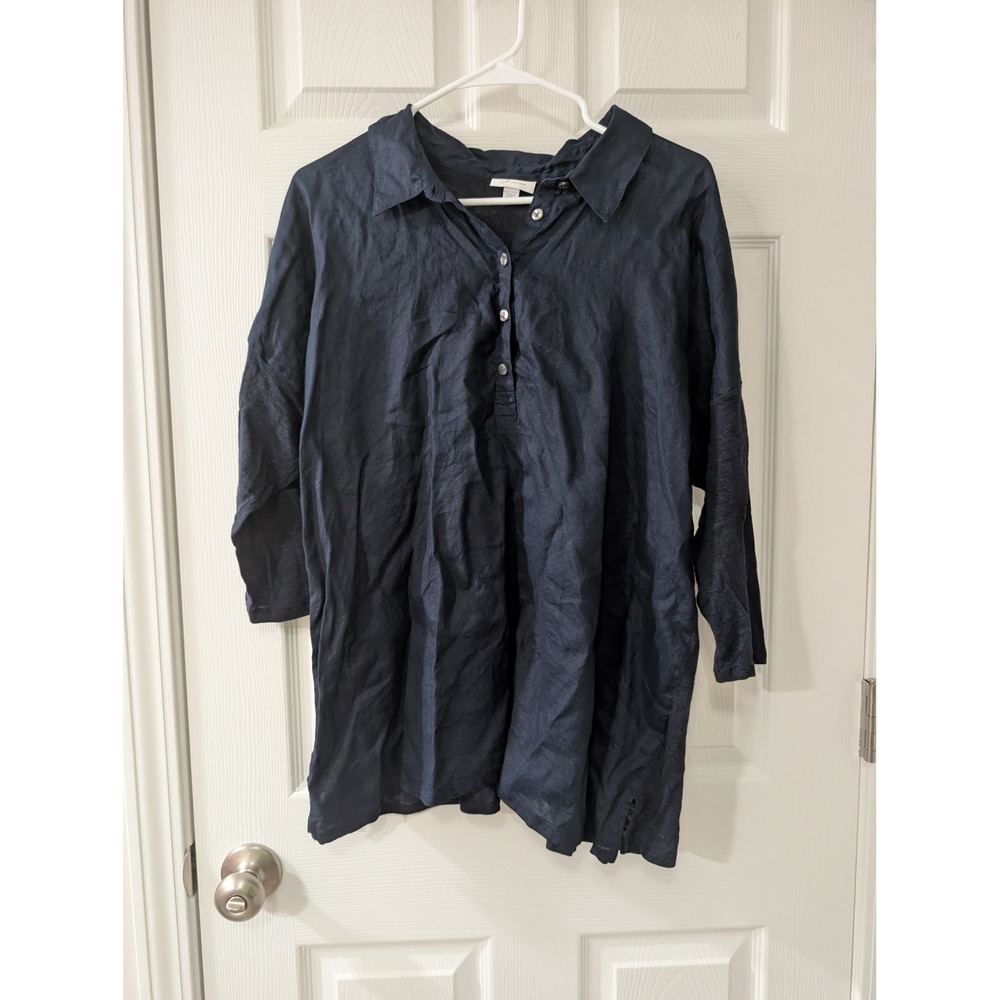 J. Jill, Love Linen, Large Navy Popover Blouse, 100% Linen, 3/4 Sleeves‎